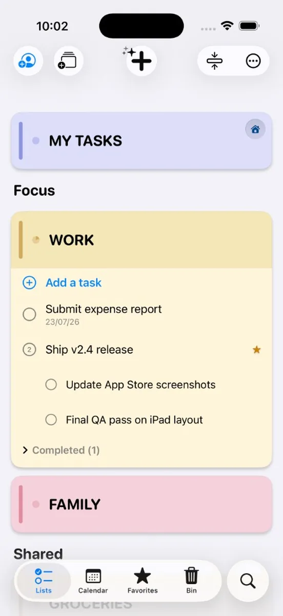 My Tasks with Work and Family lists